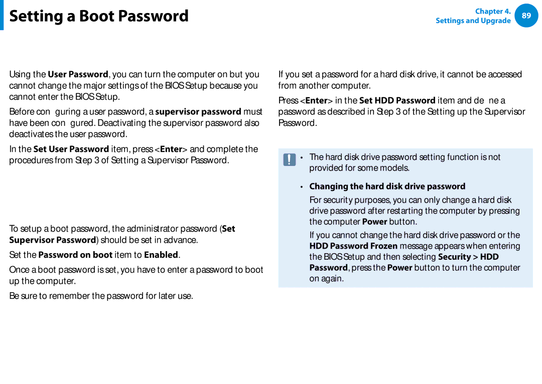 Samsung DP500A2DK01UB manual Setting a User Password, Setting Up a Boot Password, Set the Password on boot item to Enabled 