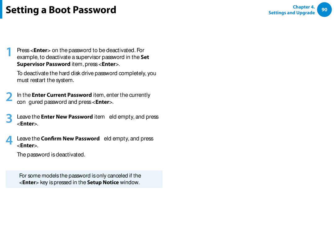 Samsung DP500A2DK01UB manual Deactivating the Password, Configured password and press Enter, Password is deactivated 