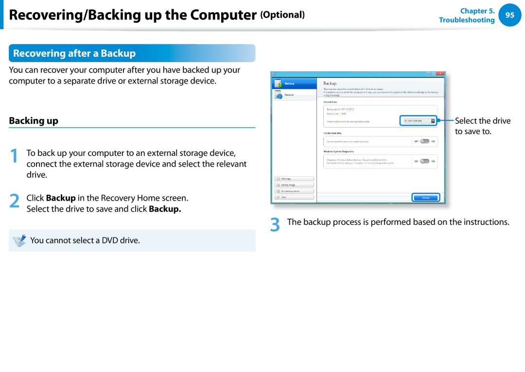 Samsung DP500A2DK01UB manual Recovering after a Backup, Backing up, To save to, You cannot select a DVD drive 