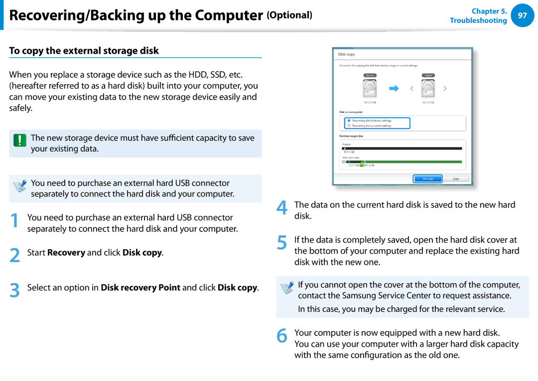 Samsung DP500A2DK01UB manual To copy the external storage disk, Start Recovery and click Disk copy 