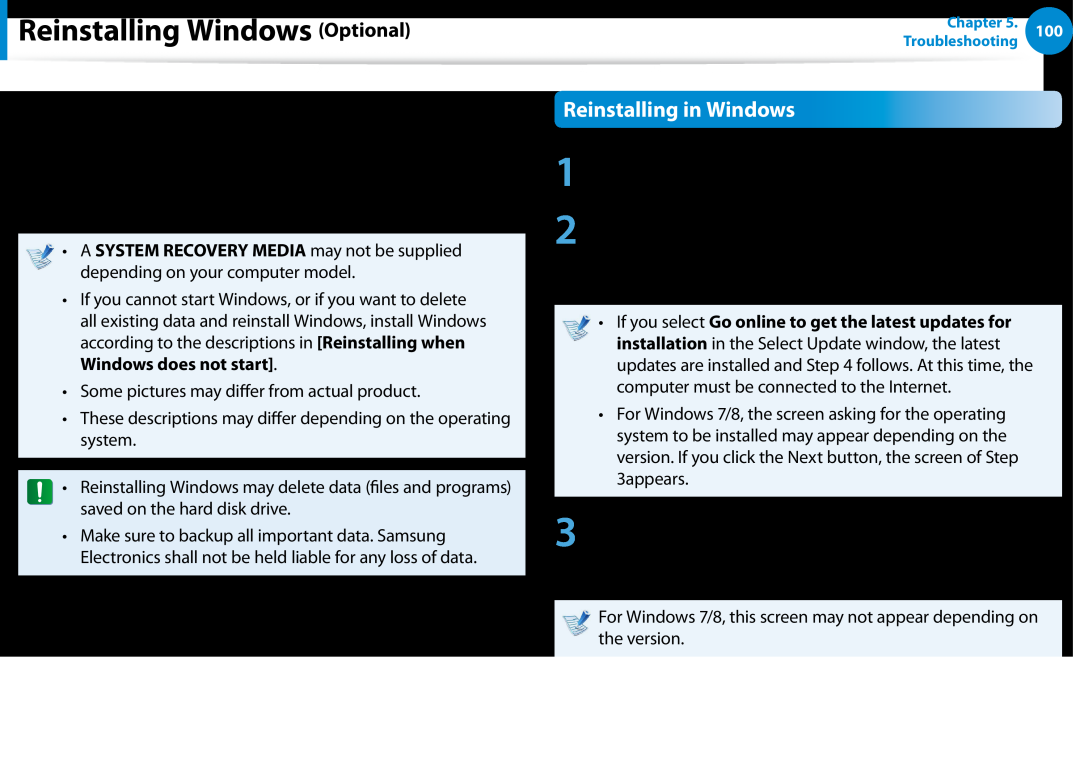 Samsung DP500A2DK01UB manual Reinstalling Windows Optional, Reinstalling in Windows 