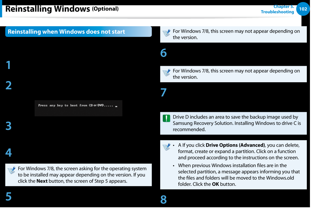 Samsung DP500A2DK01UB manual Reinstalling when Windows does not start, Reinstalling Windows Optional, Install Now 
