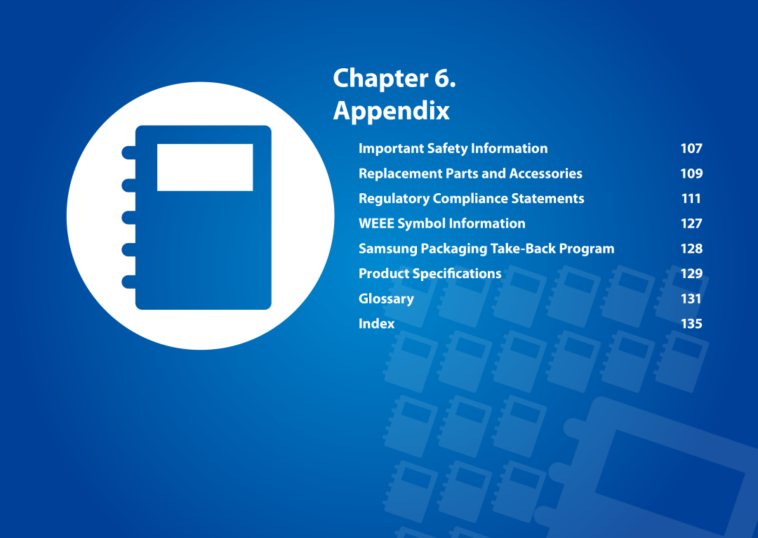 Samsung DP500A2DK01UB Chapter Appendix, Important Safety Information, Replacement Parts and Accessories, Glossary, Index 
