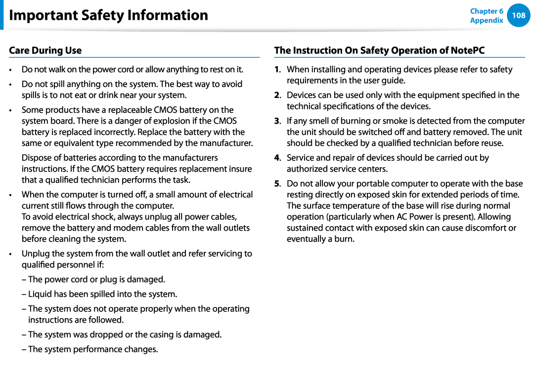 Samsung DP500A2DK01UB manual Care During Use, The Instruction On Safety Operation of NotePC, Important Safety Information 