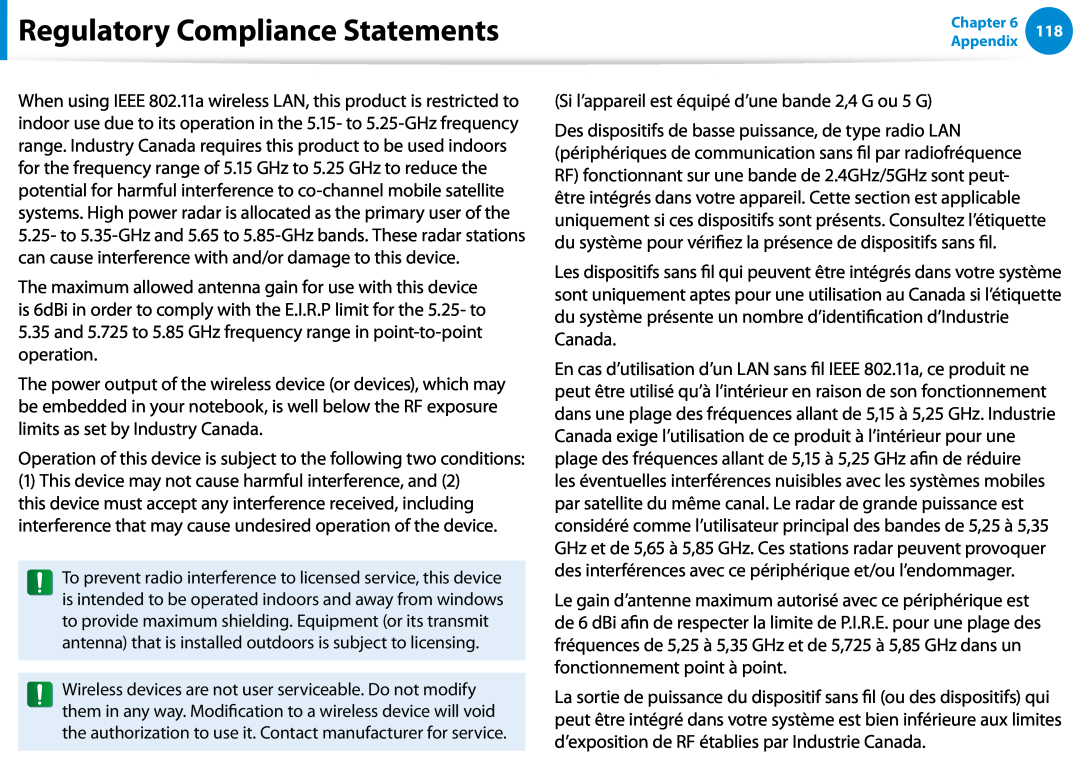 Samsung DP500A2DK01UB manual Regulatory Compliance Statements, Si l’appareil est équipé d’une bande 2,4 G ou 5 G 