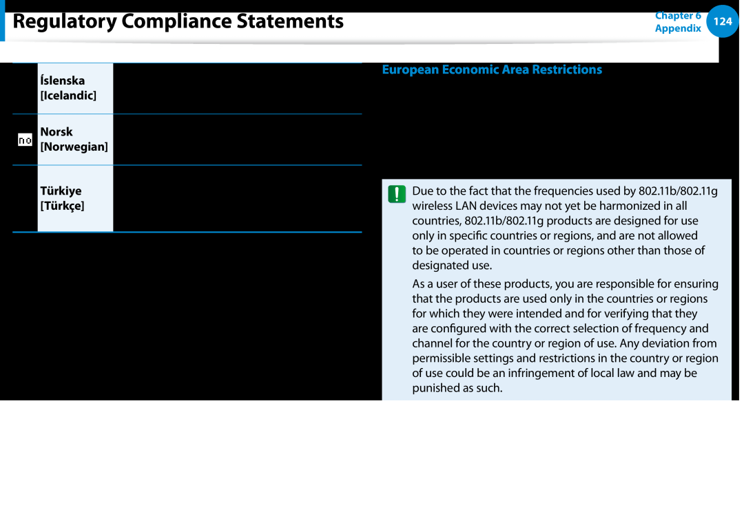 Samsung DP500A2DK01UB manual European Economic Area Restrictions, Regulatory Compliance Statements 