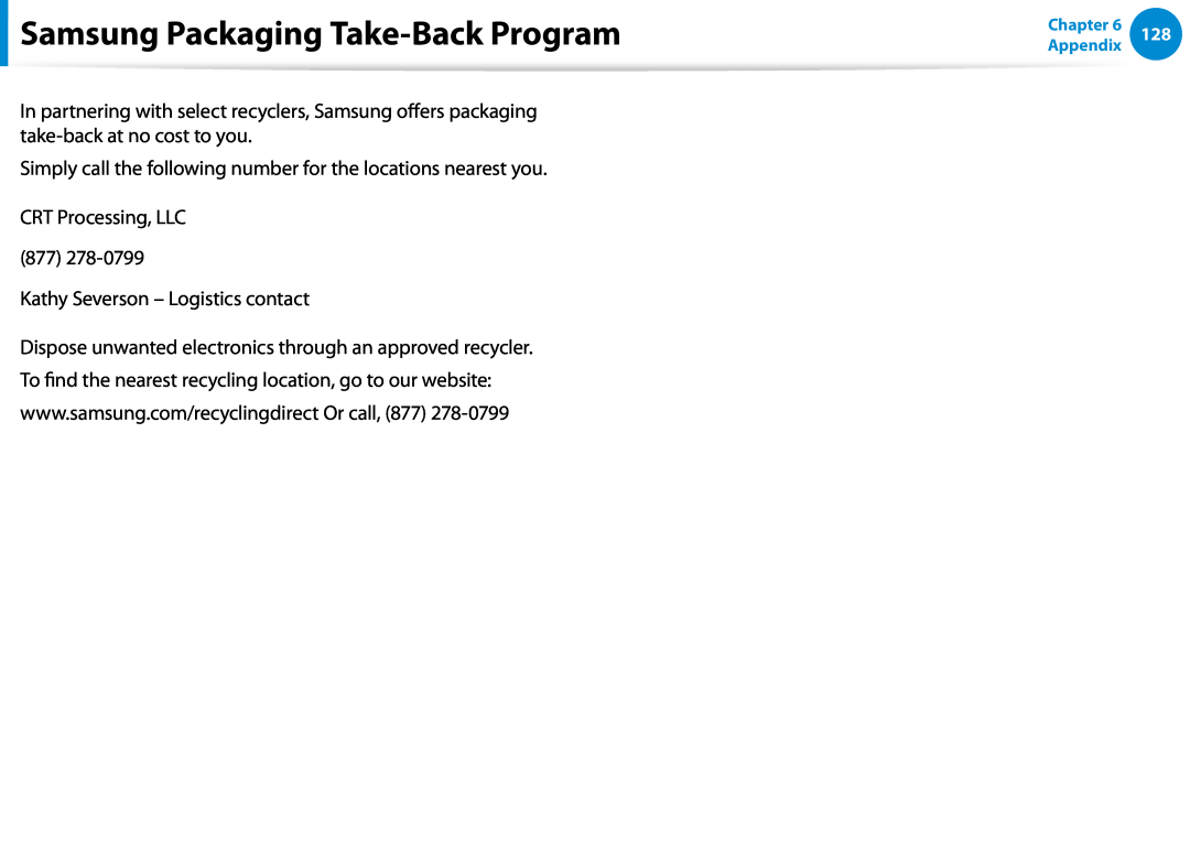 Samsung DP500A2DK01UB Samsung Packaging Take-Back Program, Simply call the following number for the locations nearest you 