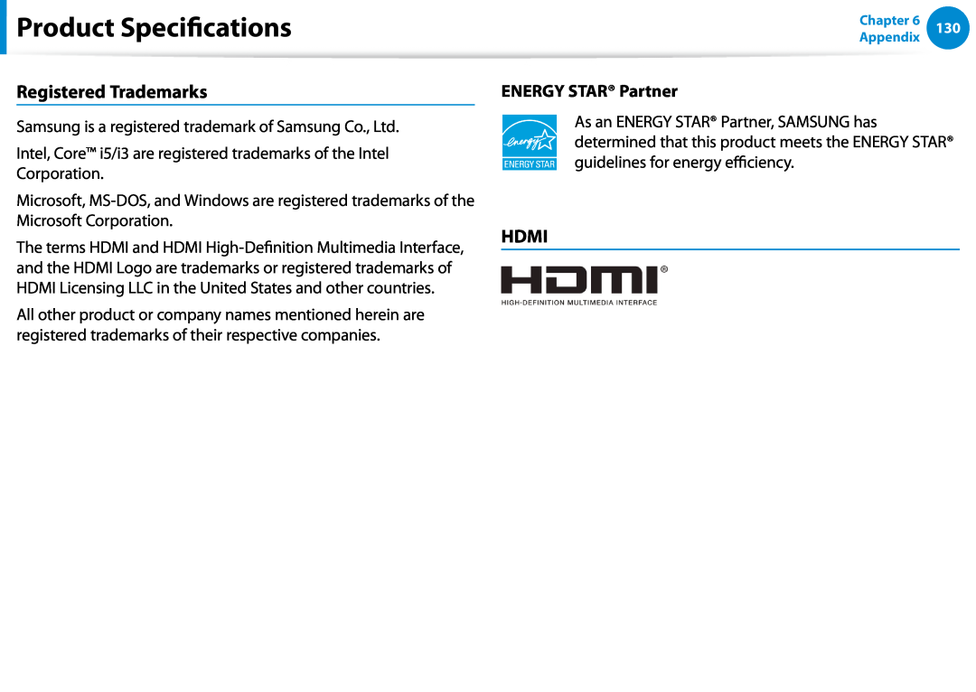 Samsung DP500A2DK01UB manual Registered Trademarks, Hdmi, ENERGY STAR Partner, Product Specifications 