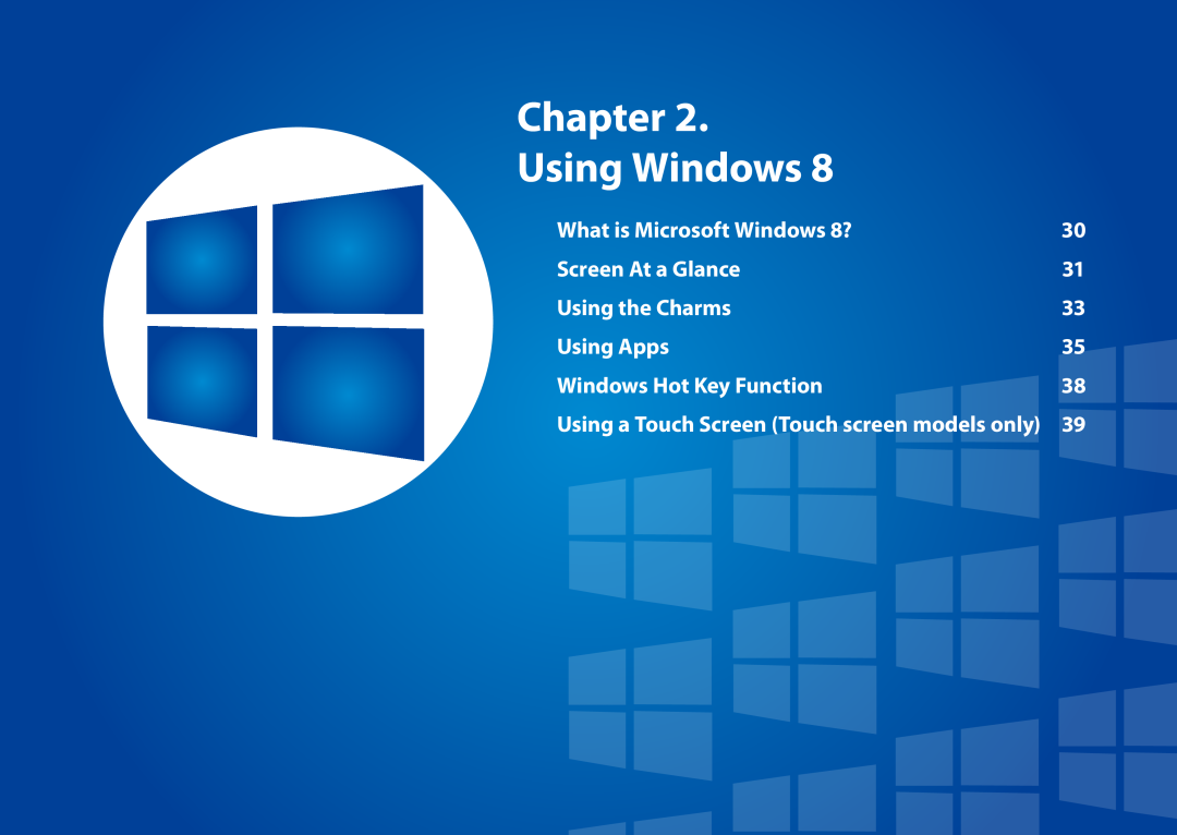 Samsung DP500A2DK01UB manual Chapter Using Windows, What is Microsoft Windows 8?, Screen At a Glance, Using the Charms 