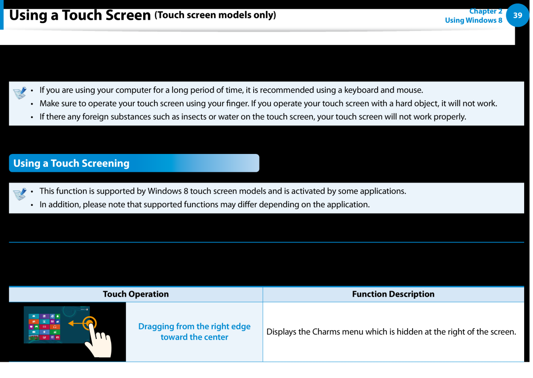 Samsung DP500A2DK01UB manual Using a Touch Screening, Using a Touch Screen Touch screen models only 