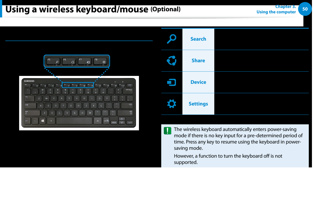 Samsung DP500A2DK01UB manual Using a wireless keyboard/mouse Optional, Windows 8 Charm Menu Key 