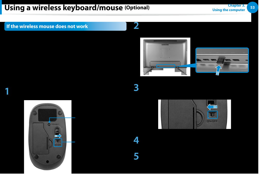 Samsung DP500A2DK01UB manual If the wireless mouse does not work, Using a wireless keyboard/mouse Optional, CONNECT button 