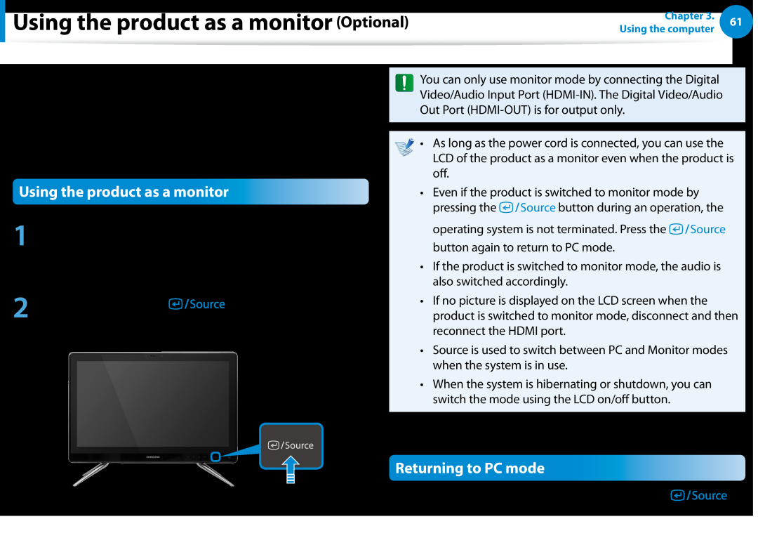 Samsung DP500A2DK01UB manual Using the product as a monitor Optional, Returning to PC mode 