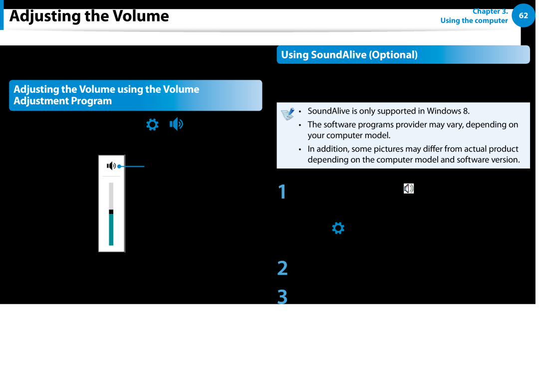 Samsung DP500A2DK01UB manual Adjusting the Volume using the Volume Adjustment Program, Using SoundAlive Optional 