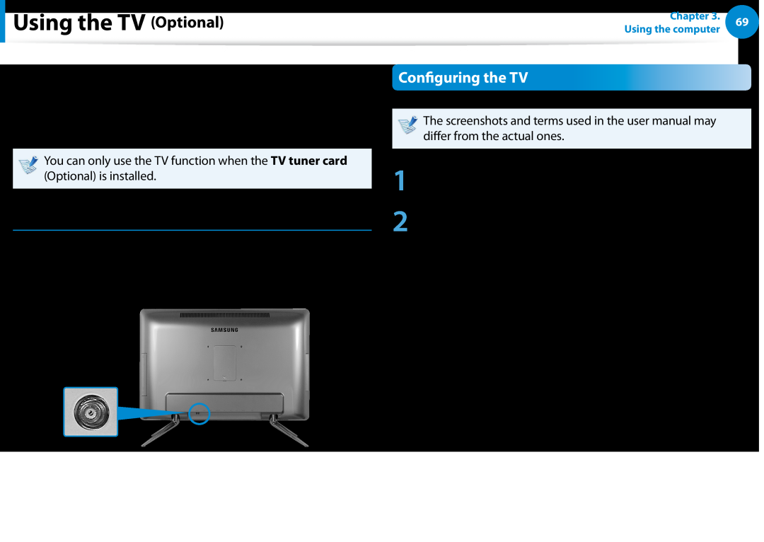 Samsung DP500A2DK01UB manual Using the TV Optional, Configuring the TV, Connecting the TV Antenna 