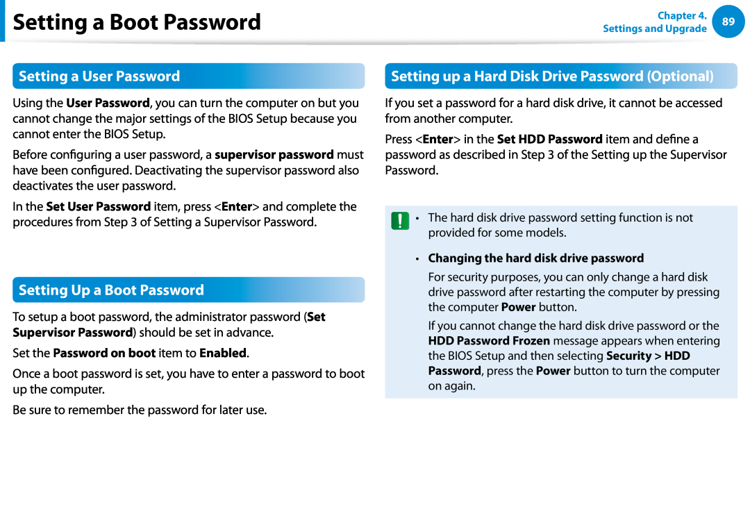 Samsung DP500A2DK01UB Setting a User Password, Setting Up a Boot Password, Setting up a Hard Disk Drive Password Optional 
