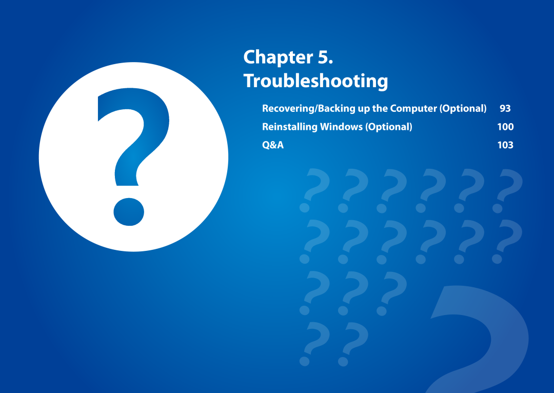 Samsung DP500A2DK01UB Chapter Troubleshooting, Reinstalling Windows Optional, Recovering/Backing up the Computer Optional 