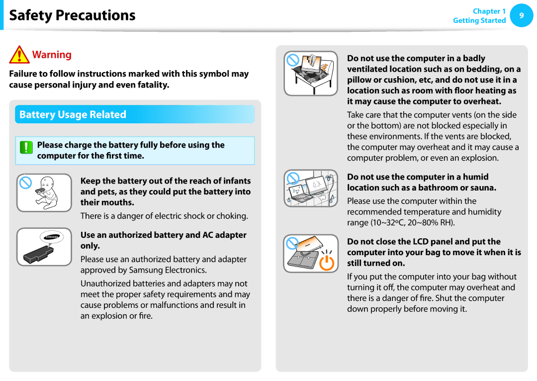 Samsung DP515A2GK01US user manual Battery Usage Related, There is a danger of electric shock or choking 