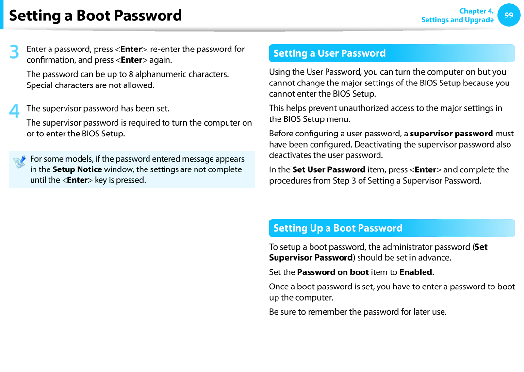 Samsung DP515A2GK01US Setting a User Password, Setting Up a Boot Password, Set the Password on boot item to Enabled 