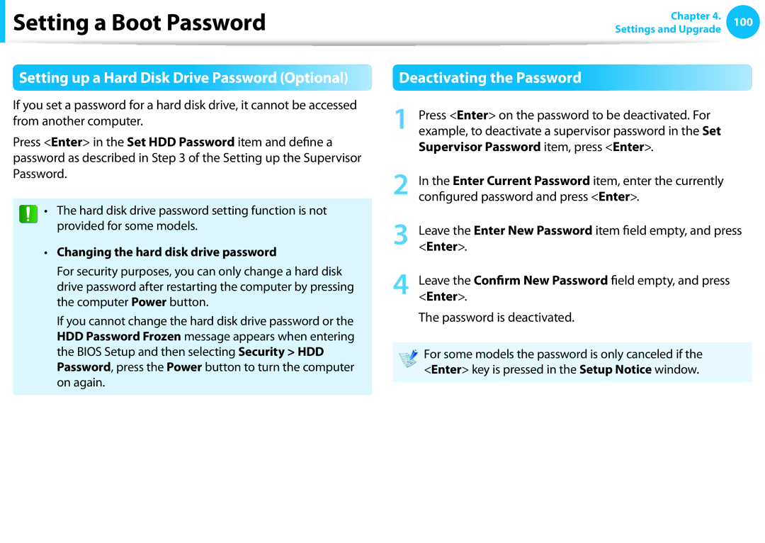 Samsung DP515A2GK01US user manual Deactivating the Password, Changing the hard disk drive password, Enter 