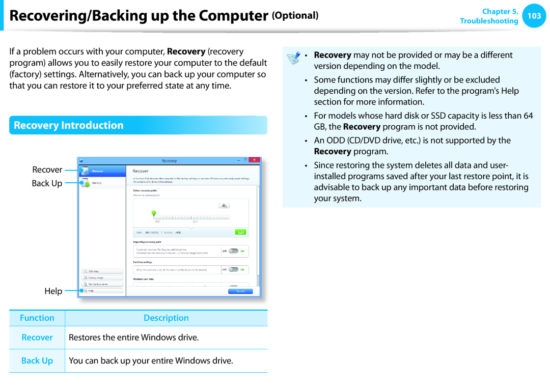 Samsung DP515A2GK01US user manual Recovering/Backing up the Computer Optional, Recovery Introduction 