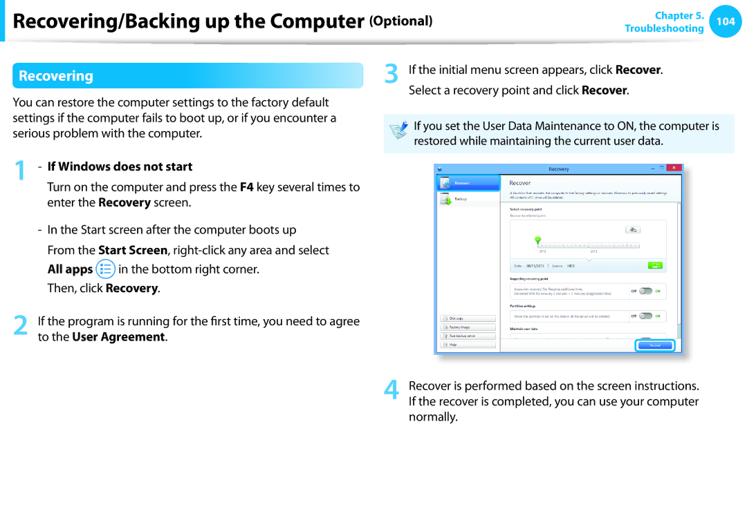 Samsung DP515A2GK01US Recovering, Select a recovery point and click Recover, If Windows does not start, Normally 