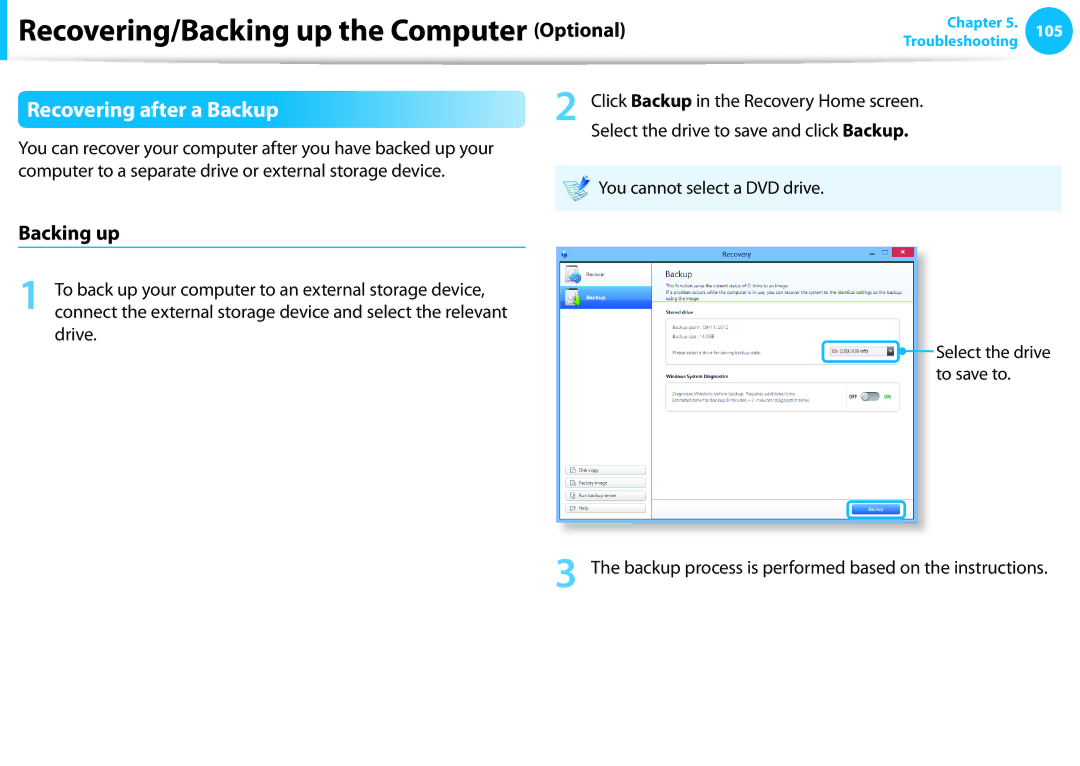 Samsung DP515A2GK01US user manual Recovering after a Backup, Backing up, You cannot select a DVD drive 