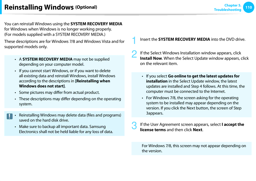 Samsung DP515A2GK01US user manual Reinstalling Windows Optional, Reinstalling in Windows 