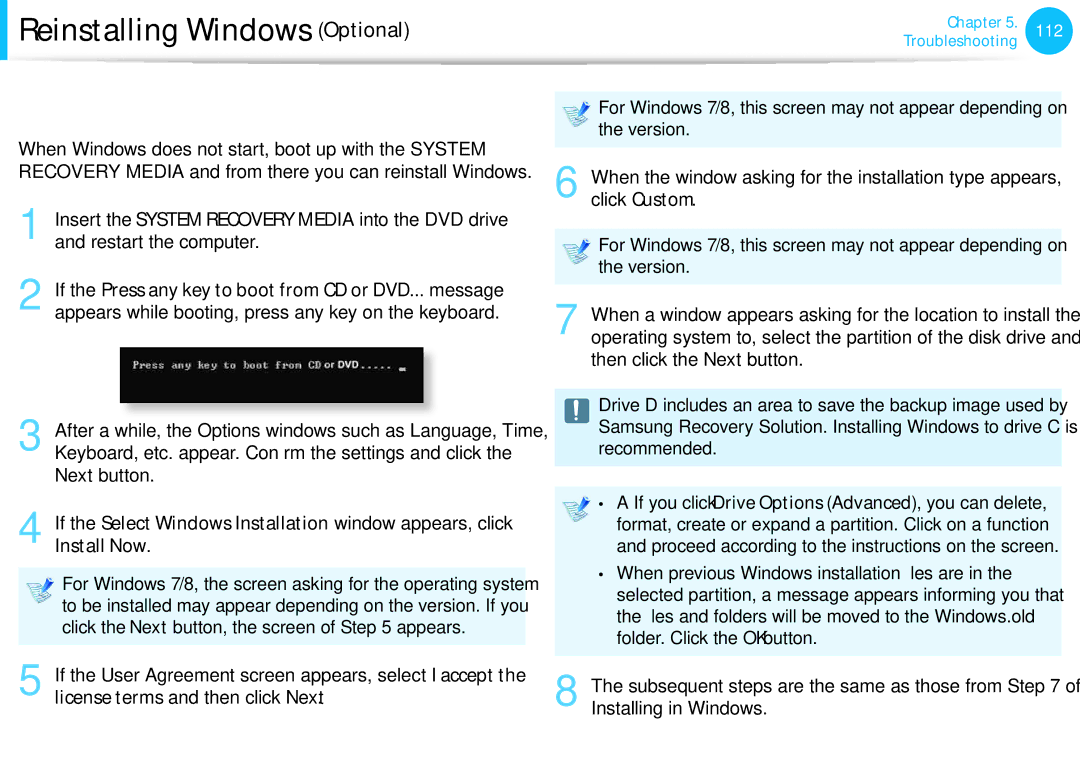 Samsung DP515A2GK01US user manual Reinstalling when Windows does not start, Install Now 