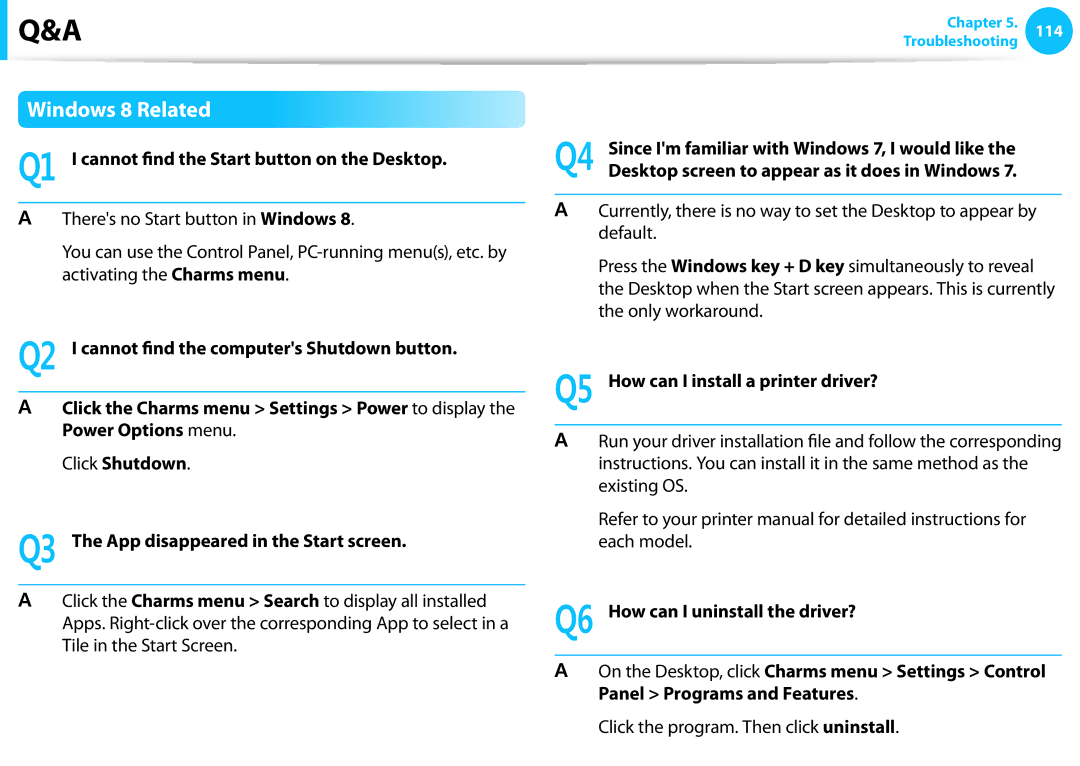 Samsung DP515A2GK01US user manual Windows 8 Related, Q1 I cannot find the Start button on the Desktop 