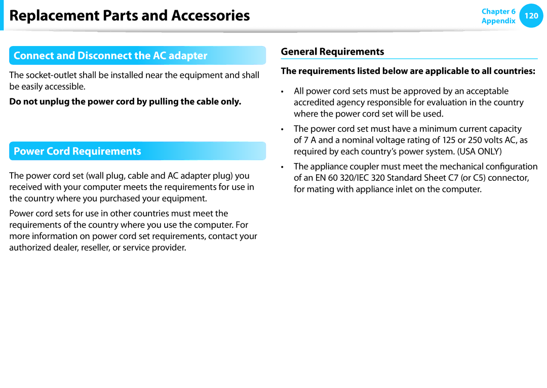 Samsung DP515A2GK01US user manual Connect and Disconnect the AC adapter, Power Cord Requirements, General Requirements 