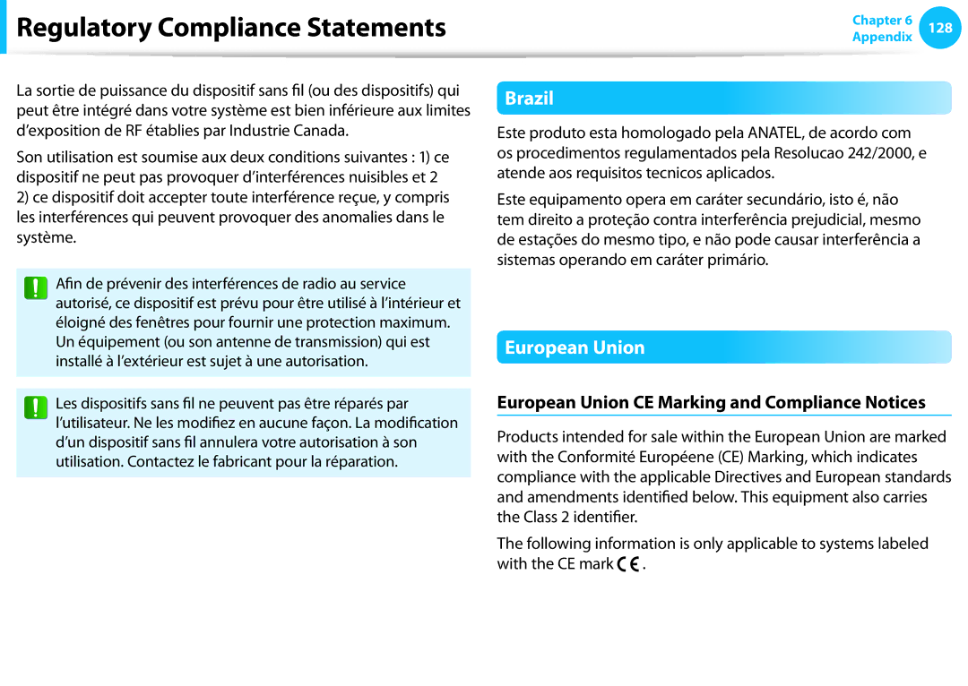 Samsung DP515A2GK01US user manual Brazil, European Union CE Marking and Compliance Notices 