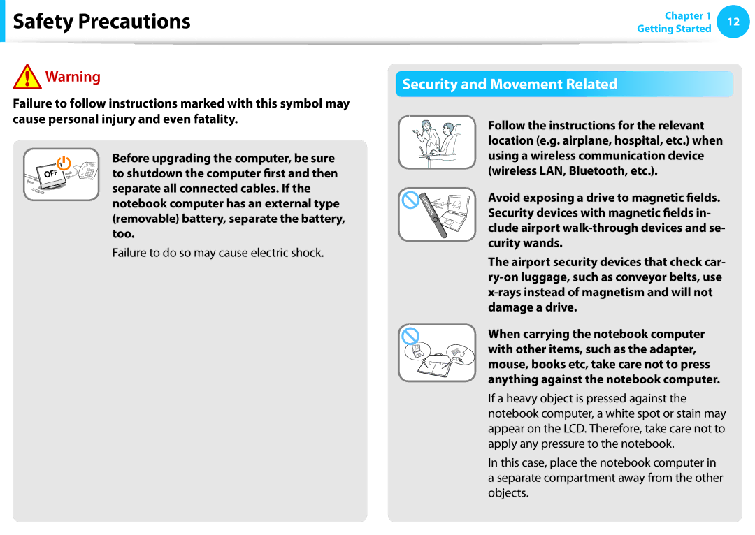 Samsung DP515A2GK01US user manual Security and Movement Related, Failure to do so may cause electric shock 