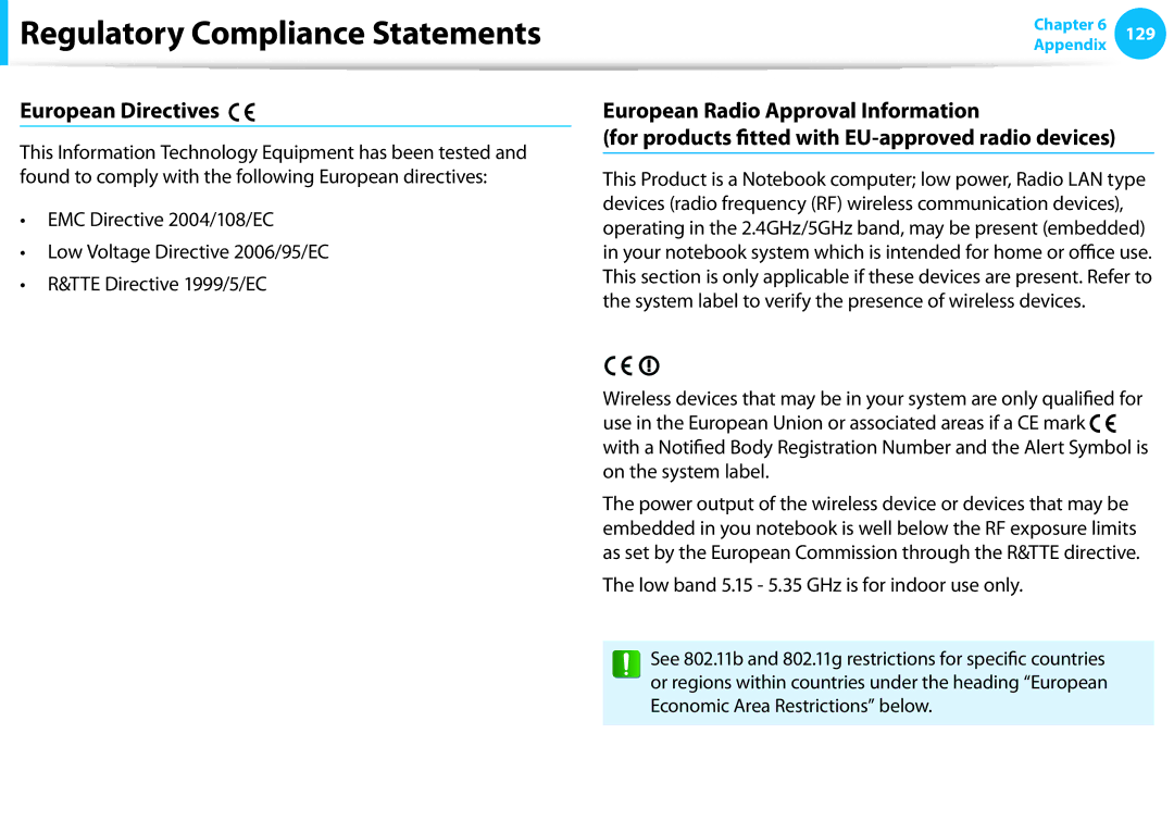 Samsung DP515A2GK01US user manual European Directives, Low band 5.15 5.35 GHz is for indoor use only 