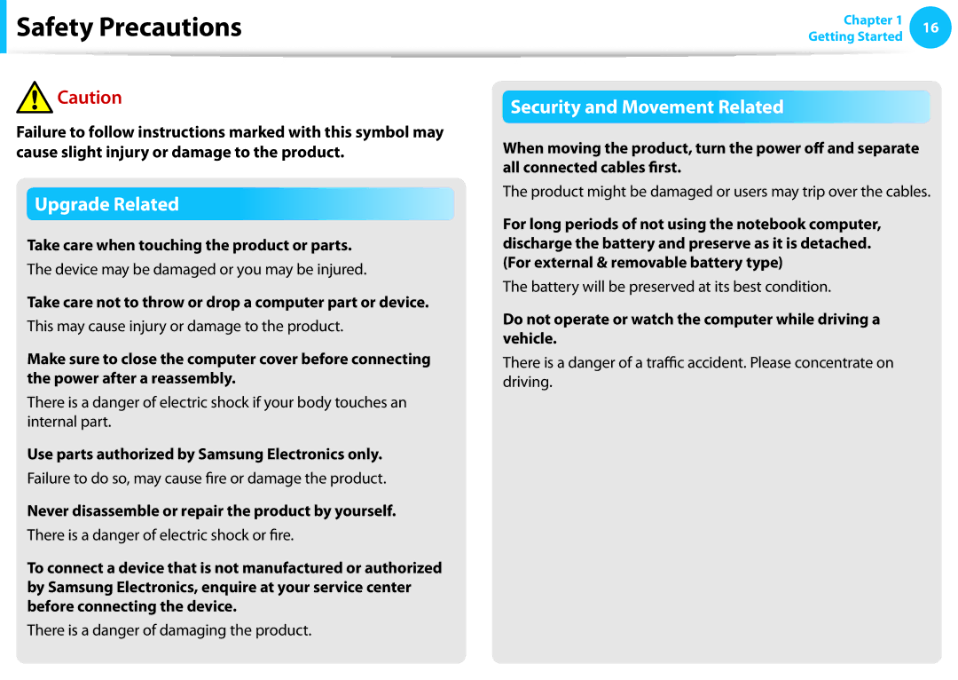 Samsung DP515A2GK01US Take care when touching the product or parts, Use parts authorized by Samsung Electronics only 