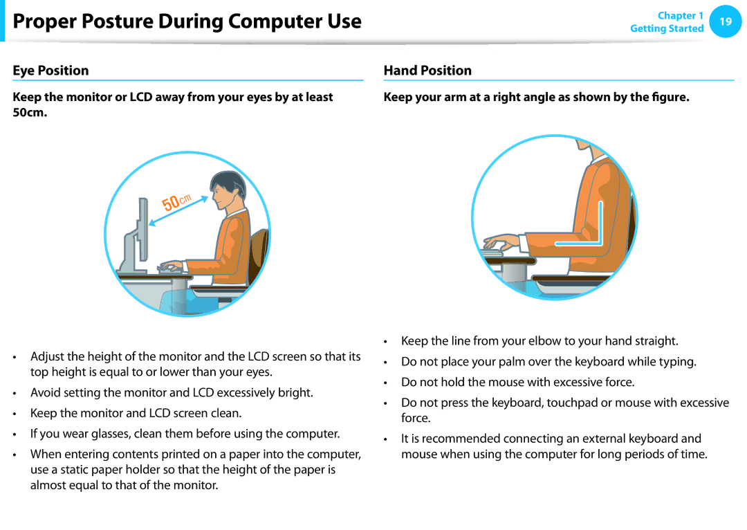 Samsung DP515A2GK01US user manual Eye Position, Hand Position, Keep your arm at a right angle as shown by the figure 