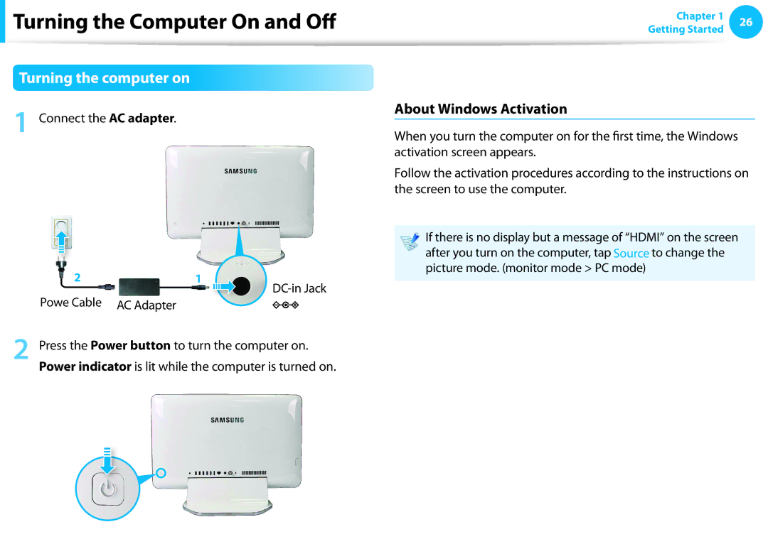 Samsung DP515A2GK01US user manual Turning the Computer On and Off, Turning the computer on, About Windows Activation 