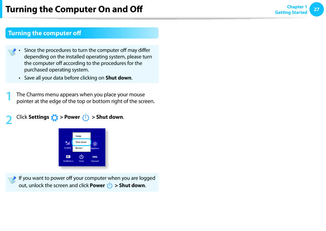 Samsung DP515A2GK01US Turning the computer off, Purchased operating system, Charms menu appears when you place your mouse 