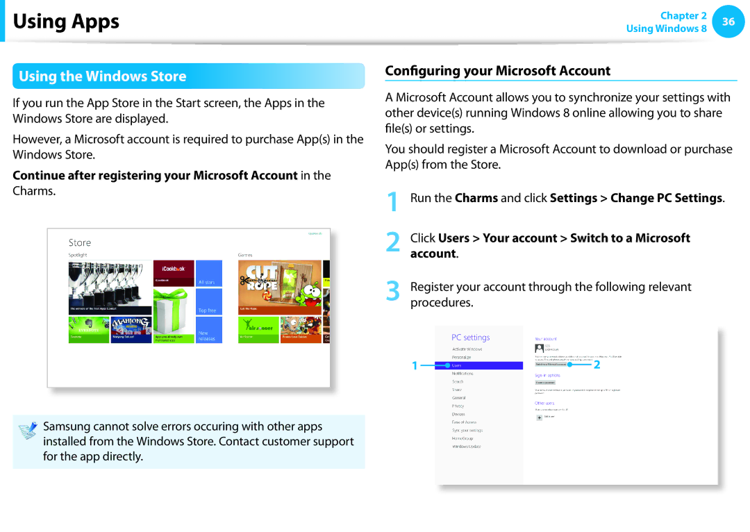 Samsung DP515A2GK01US user manual Using the Windows Store, Configuring your Microsoft Account 