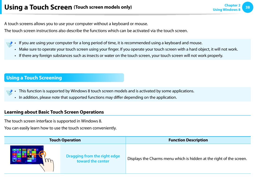 Samsung DP515A2GK01US user manual Using a Touch Screening, Using a Touch Screen Touch screen models only 