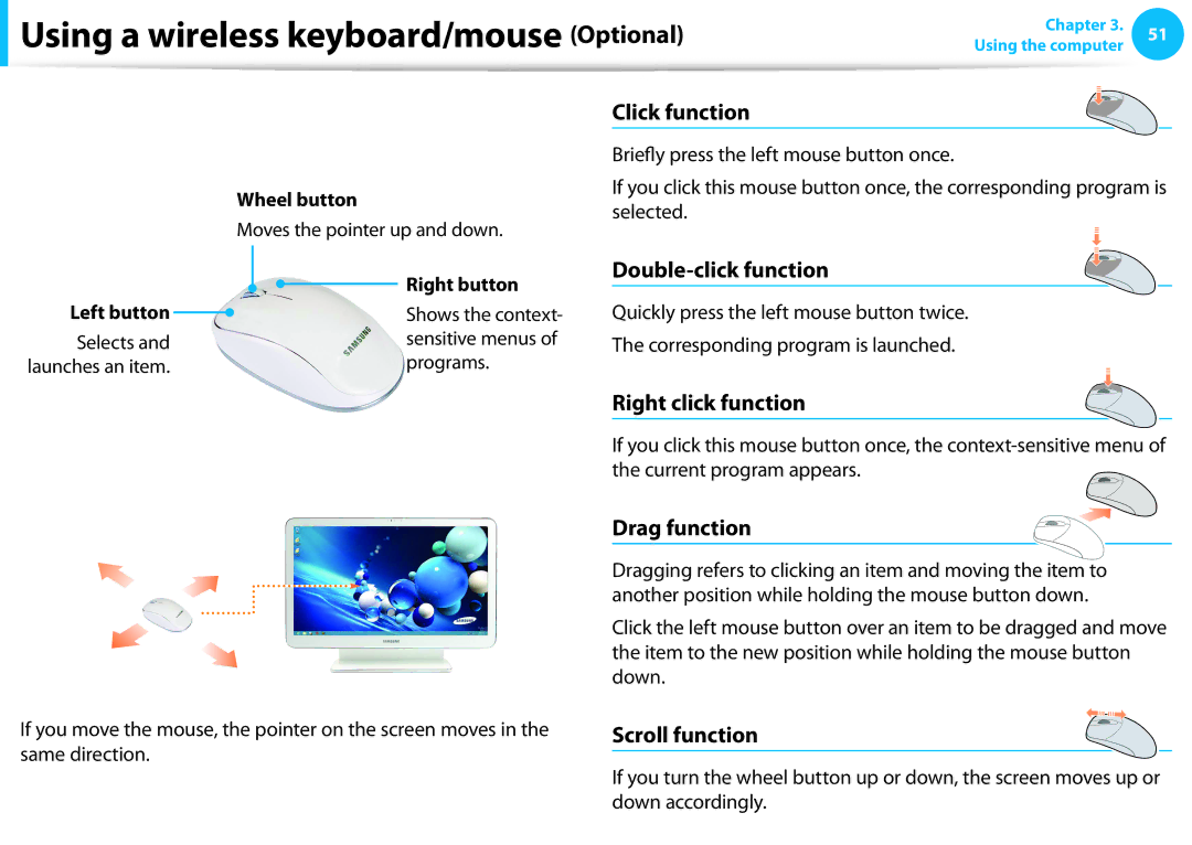 Samsung DP515A2GK01US user manual Double-click function, Right click function, Drag function, Scroll function 