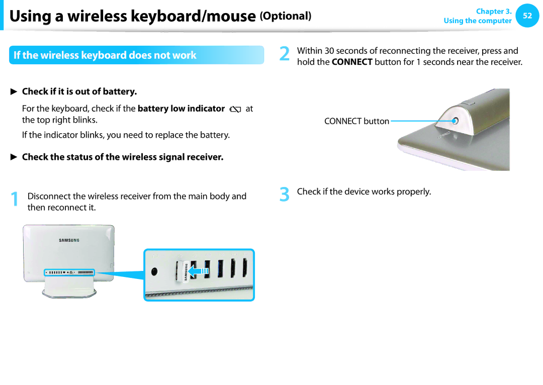 Samsung DP515A2GK01US If the wireless keyboard does not work, If the indicator blinks, you need to replace the battery 