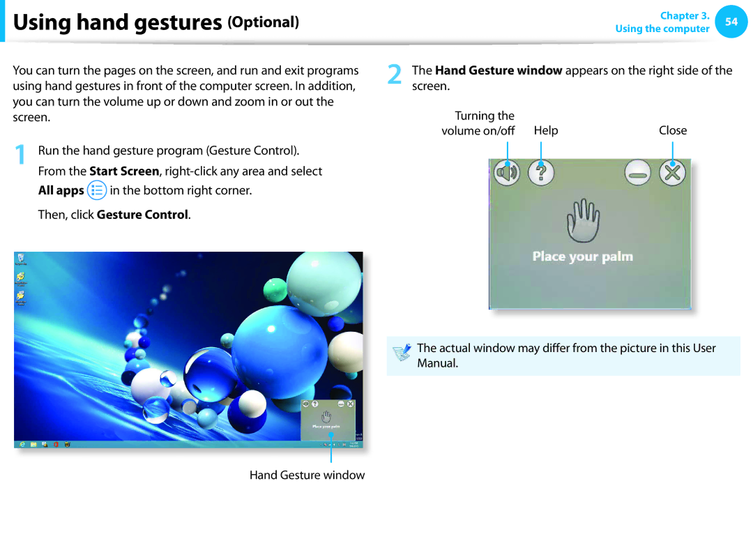 Samsung DP515A2GK01US user manual Using hand gestures Optional, Then, click Gesture Control 