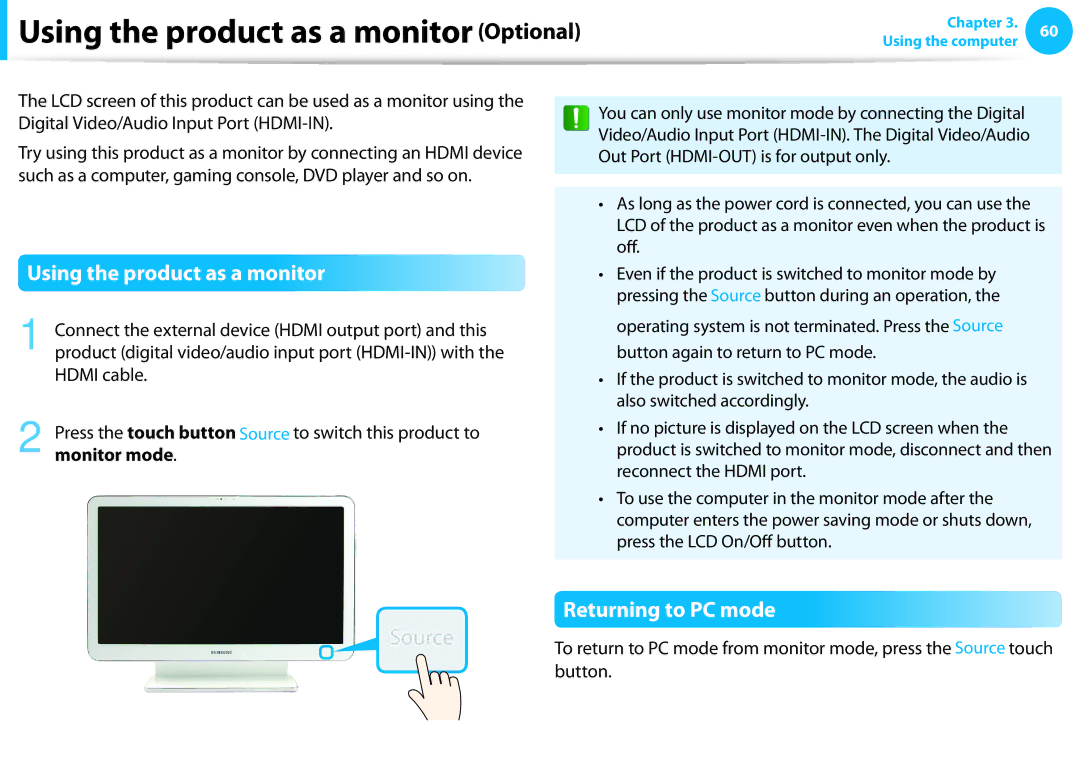 Samsung DP515A2GK01US Using the product as a monitor, Returning to PC mode, Press the touch button, Monitor mode 