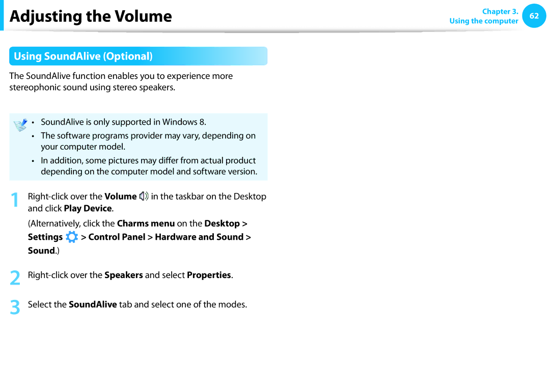 Samsung DP515A2GK01US user manual Using SoundAlive Optional, Settings Control Panel Hardware and Sound 