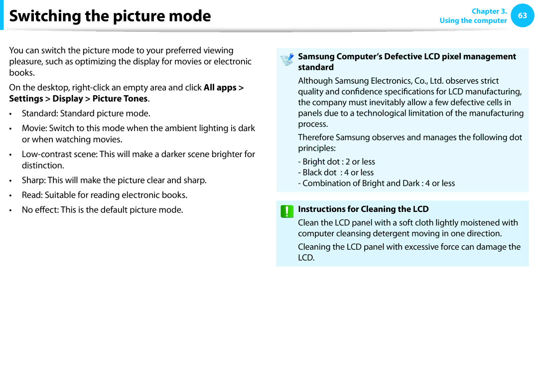 Samsung DP515A2GK01US user manual Switching the picture mode, Samsung Computer’s Defective LCD pixel management standard 