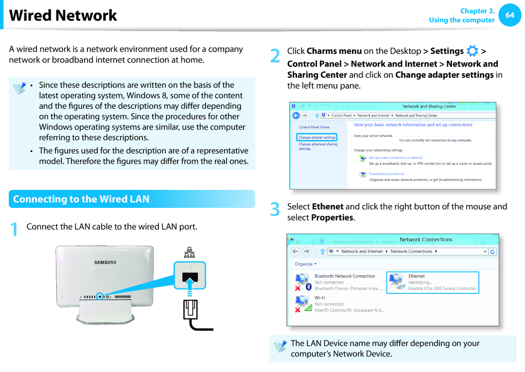 Samsung DP515A2GK01US user manual Wired Network, Connecting to the Wired LAN, Connect the LAN cable to the wired LAN port 