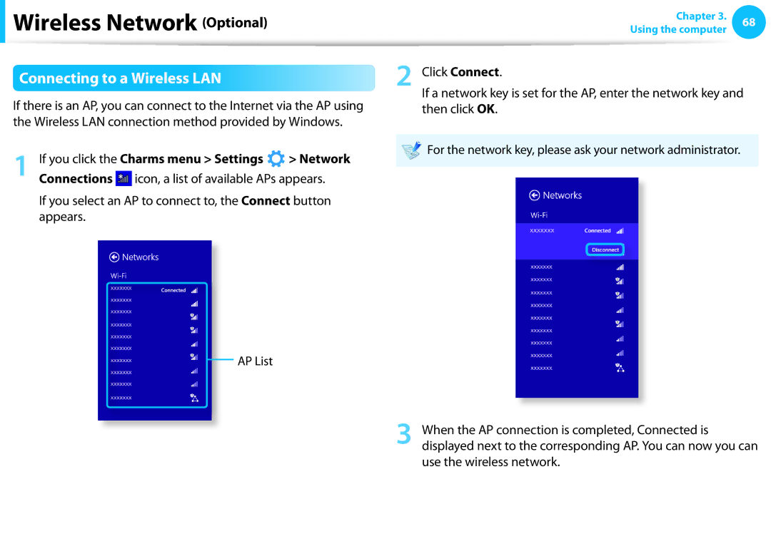 Samsung DP515A2GK01US user manual Connecting to a Wireless LAN, If you click the Charms menu Settings 