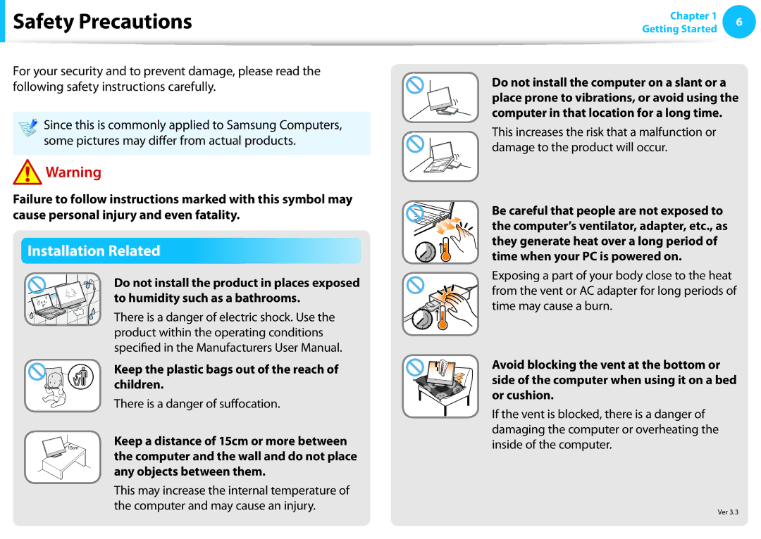 Samsung DP515A2GK01US Safety Precautions, Installation Related, Keep the plastic bags out of the reach of children 