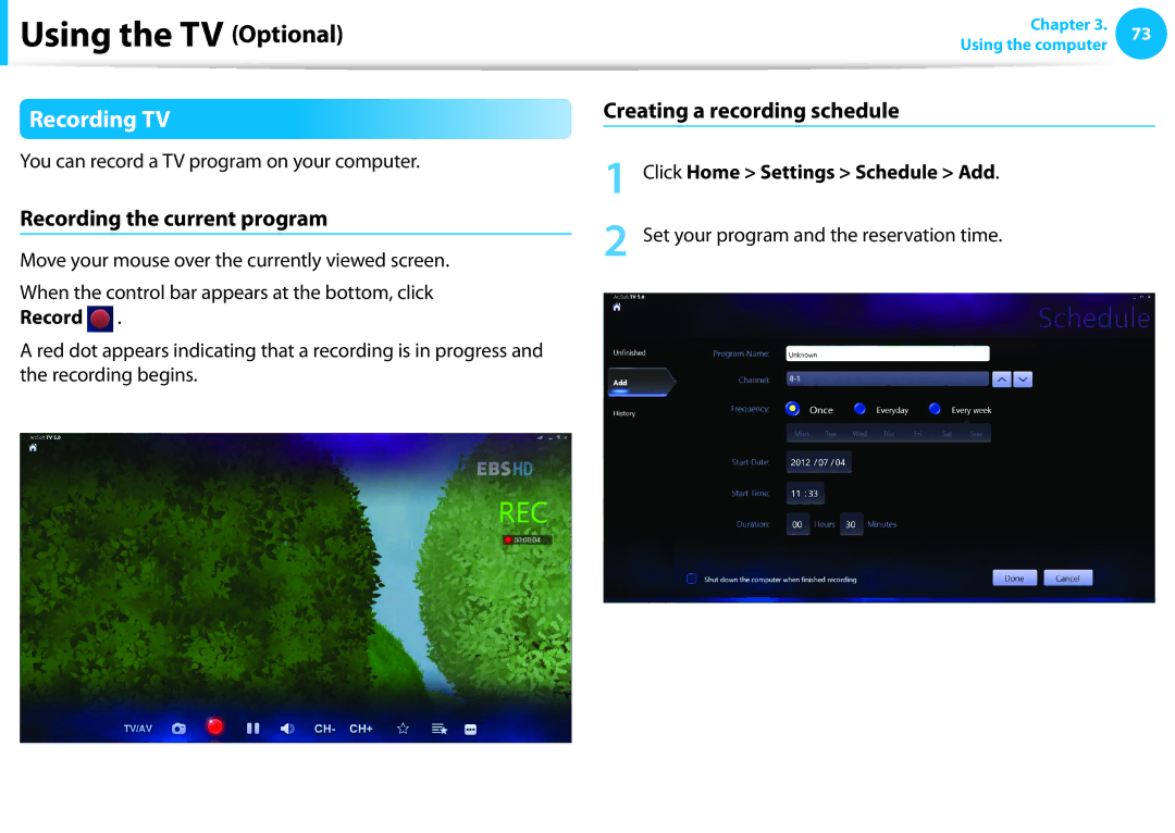 Samsung DP515A2GK01US user manual Recording TV, Recording the current program, Creating a recording schedule 